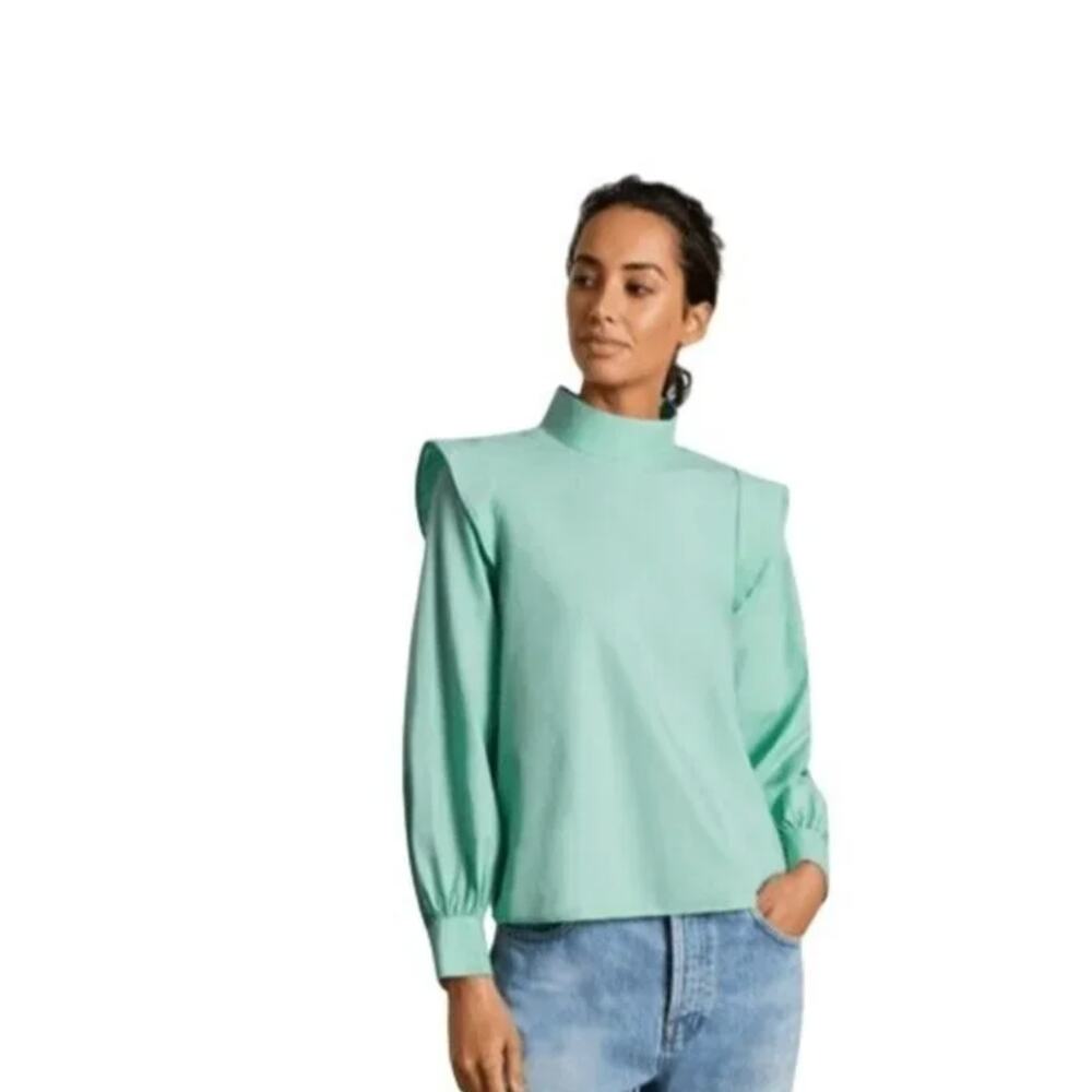 Everlane Wing Shoulder Mock Neck Top Size 0 Jade Green FLAWS